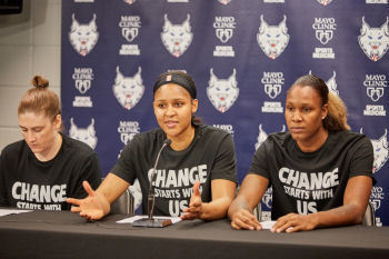 Minnesota Lynx forward Rebekkah Brunson shares a story from her childhood during Saturday’s pre-game press conference at Target Center. Photo by Abe Booker III.